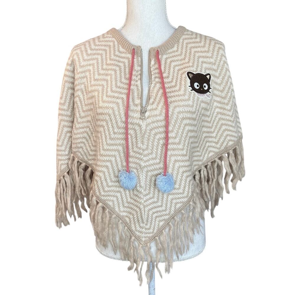 Vintage Y2K Sanrio Chococat Chevron Knit Poncho Fringe Zip Tan Pink Blue Pom Pom